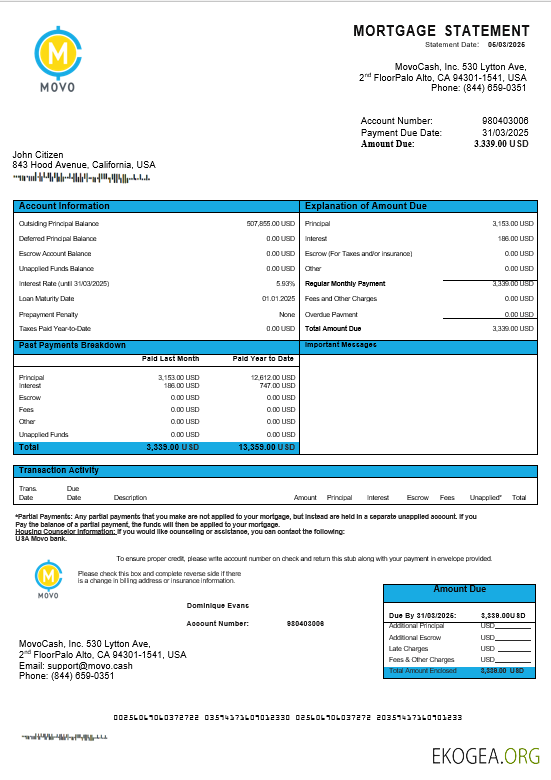 Relevé hypothécaire de la banque USA MOVO aux formats Word et PDF